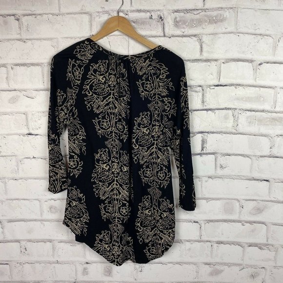 Lucky Brand Black Tan Boho Print Keyhole Front Top - Picture 8 of 12